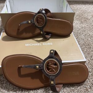 Michael Kors Brown and Gold MK Logo Thong Sandals